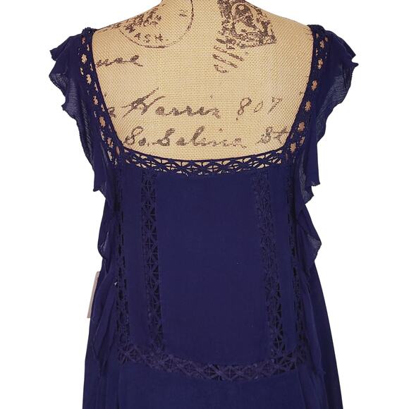 Free People Blue Eyelet Front w/Crochet Flutter Sleeves Flapper Dress M NWT - Picture 10 of 15